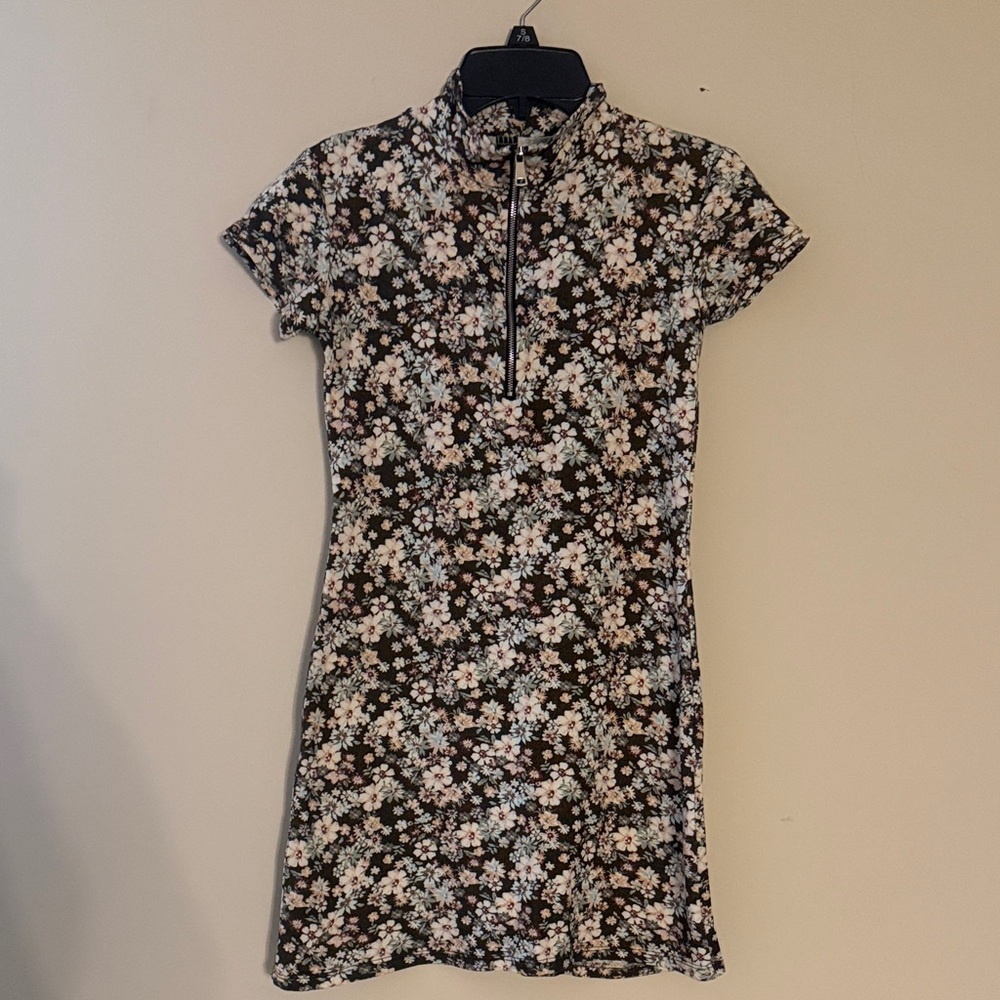 Floral Mock Neck Zip-Front Women's Dress - Black Multi
